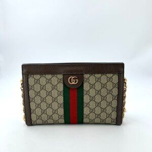 Gucci Ophidia GG Supreme Small Chain Shoulder Bag With Brown Leather Trim & Gold